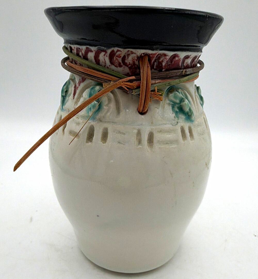 ceramic decorative vase white black blue brown accents textured glossy finish